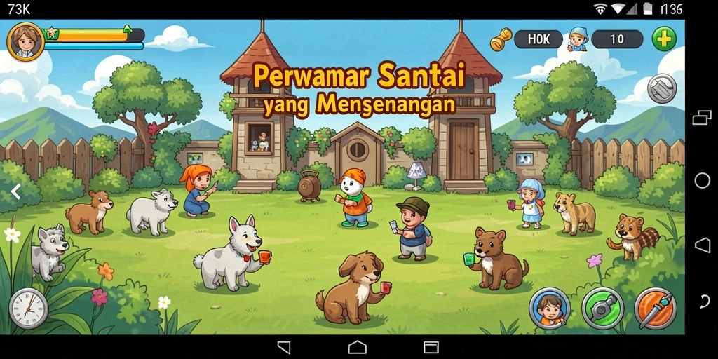 Tampilan gameplay 73K dengan grafis cerah dan menakjubkan.