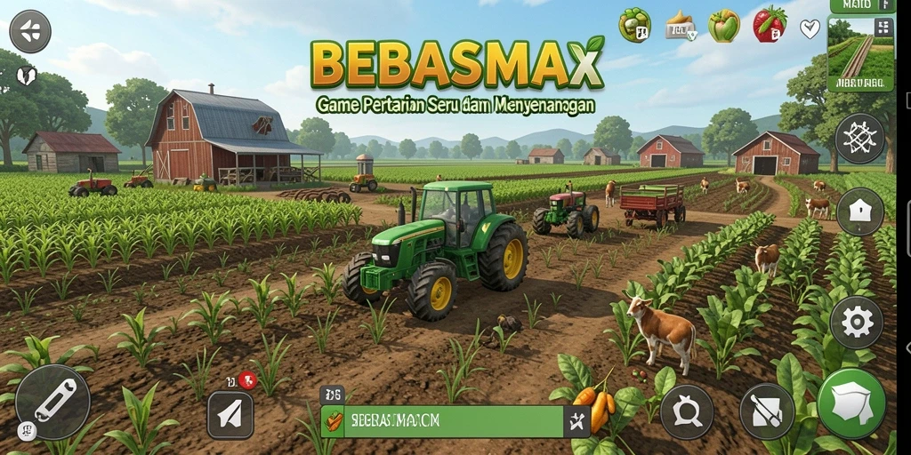 Tampilan gameplay BEBASMAX dengan aktivitas bertani yang seru.
