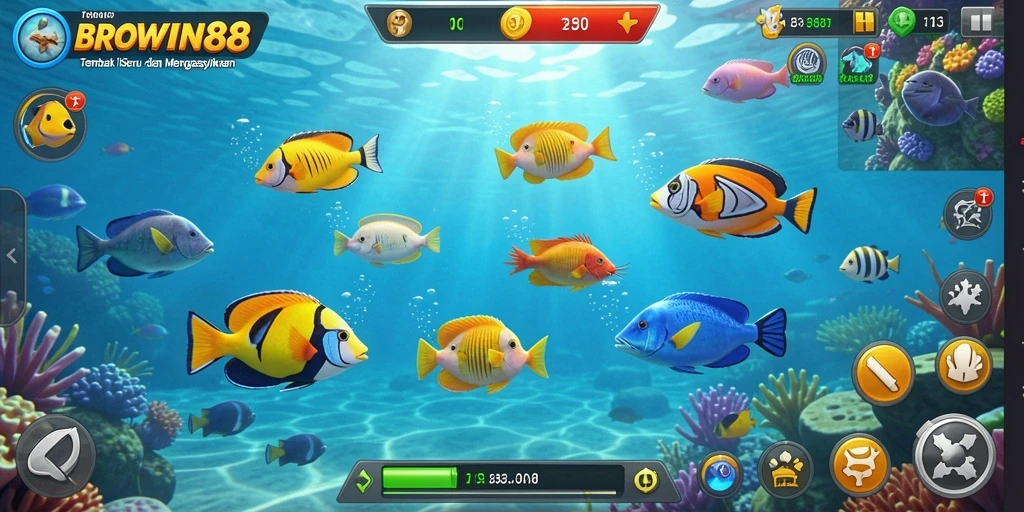 Tampilan gameplay BROWIN88 saat menembak ikan dengan grafik yang menawan.