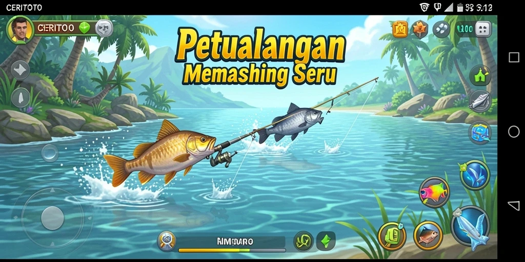 Screenshot gameplay CERITOTO yang menampilkan aksi memancing di lokasi indah.