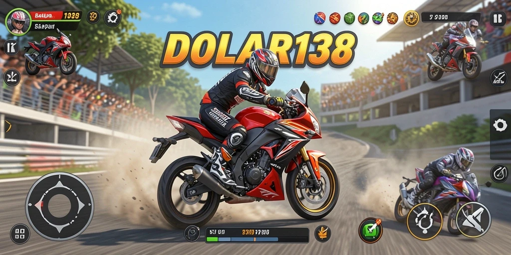 Screenshot gameplay DOLAR138 menunjukkan balapan motor yang seru dan cepat.