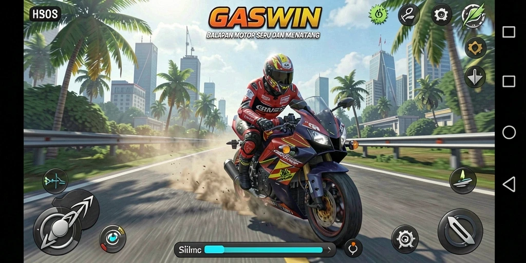 Menampilkan gameplay menegangkan dari balapan motor di GASWIN.