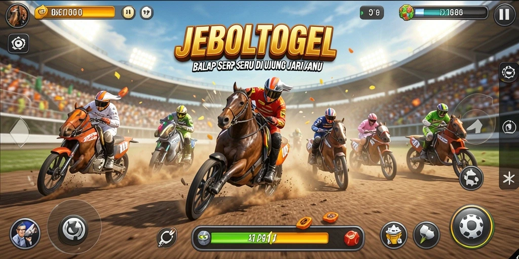 Tampilan gameplay JEBOLTOGEL menampilkan balapan yang intens dan penuh aksi.