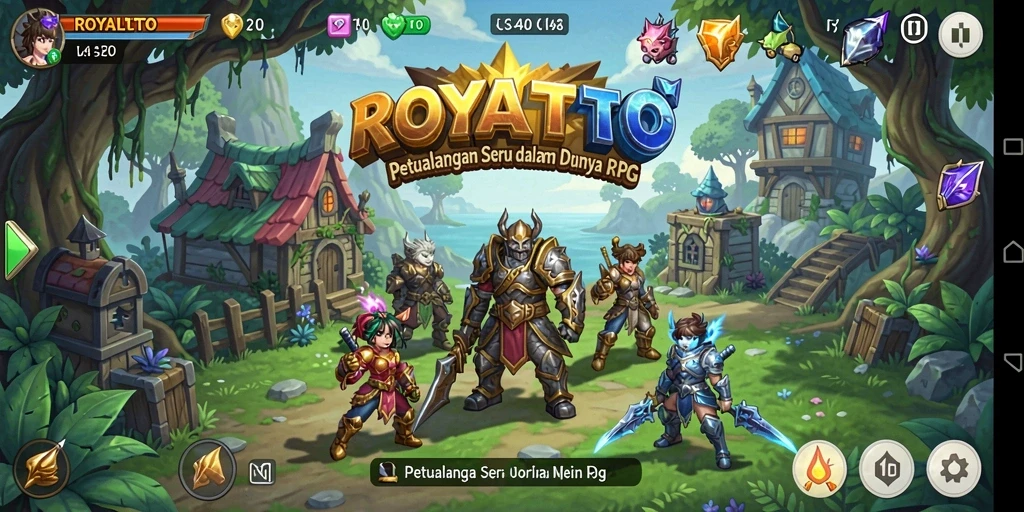 Tampilan layar gameplay ROYALTOTO dengan karakter berpetualang dan pertempuran yang menegangkan.