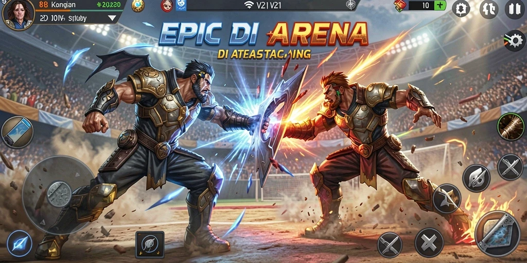Screenshot gameplay V21 menunjukkan aksi pertarungan yang seru dan dinamis.
